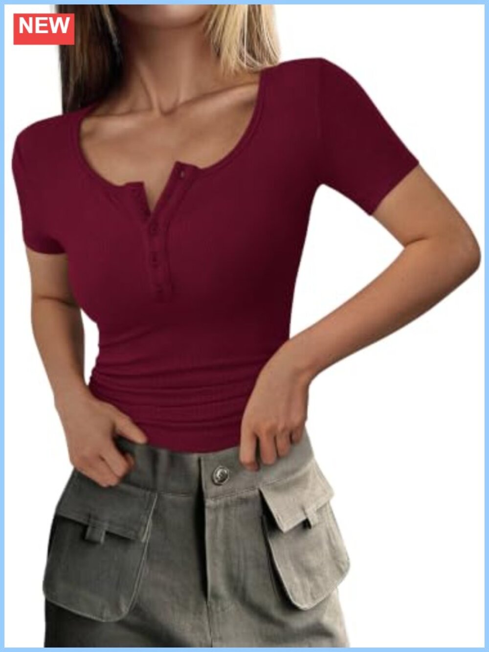 PRETTYGARDEN Women's Summer Henley Tops Short Sleeve Ribbed Knit Tee Shirts